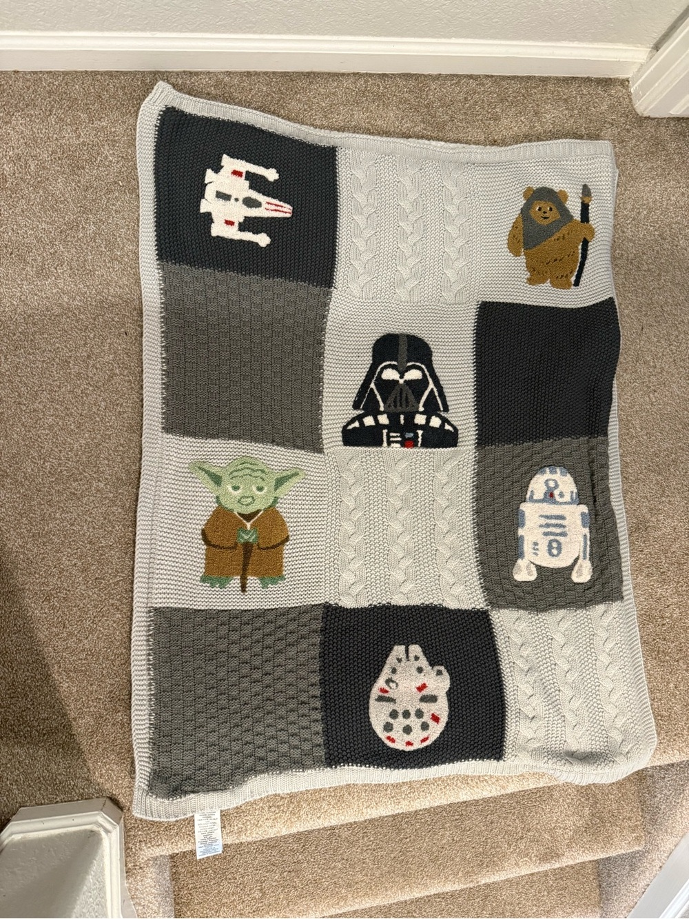 Pottery Barn Kids Grey, Black, White & Green Star Wars Knit Character Blanket